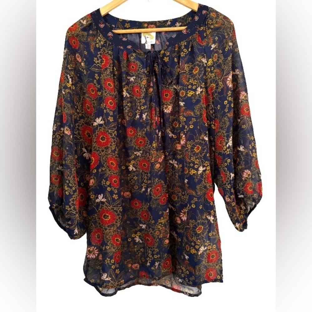 fig and flower nvy & rust 3/4 slv rnd nk semi sheer tunic w tie at nk SZ 2X